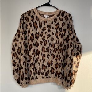 Amuse Society Tan and Brown Leopard Print Crew Neck Sweater